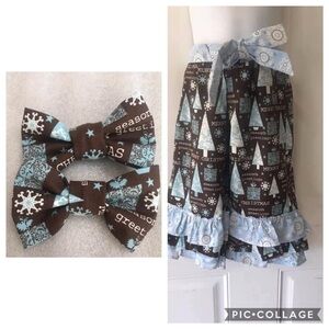 NWOT Size 2 Machine Sewn belted Brown /blue/white Christmas pants/bows